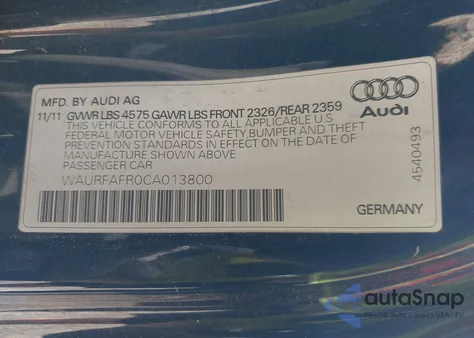 2012 Audi A5 2.0T Premium from USA, damaged, VIN WAURFAFR0CA013800